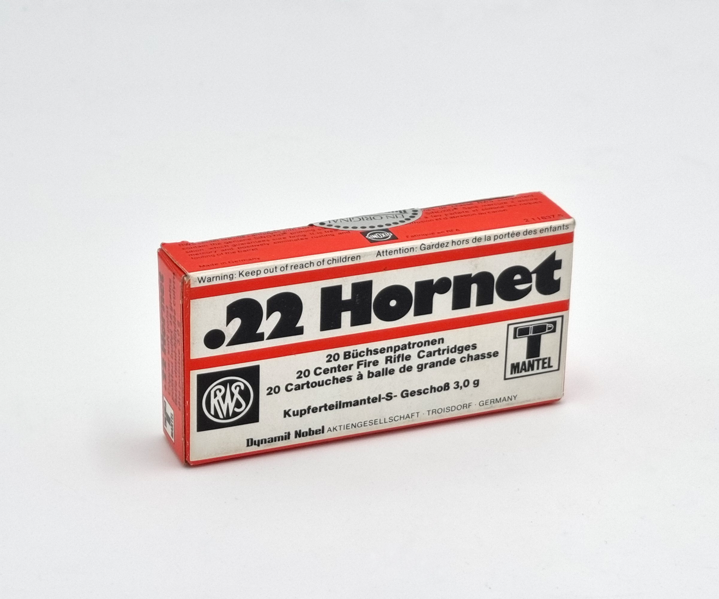 Munition Langwaffe Sammlerstück – RWS .22 Hornet 46grs. Kupferteilmantel